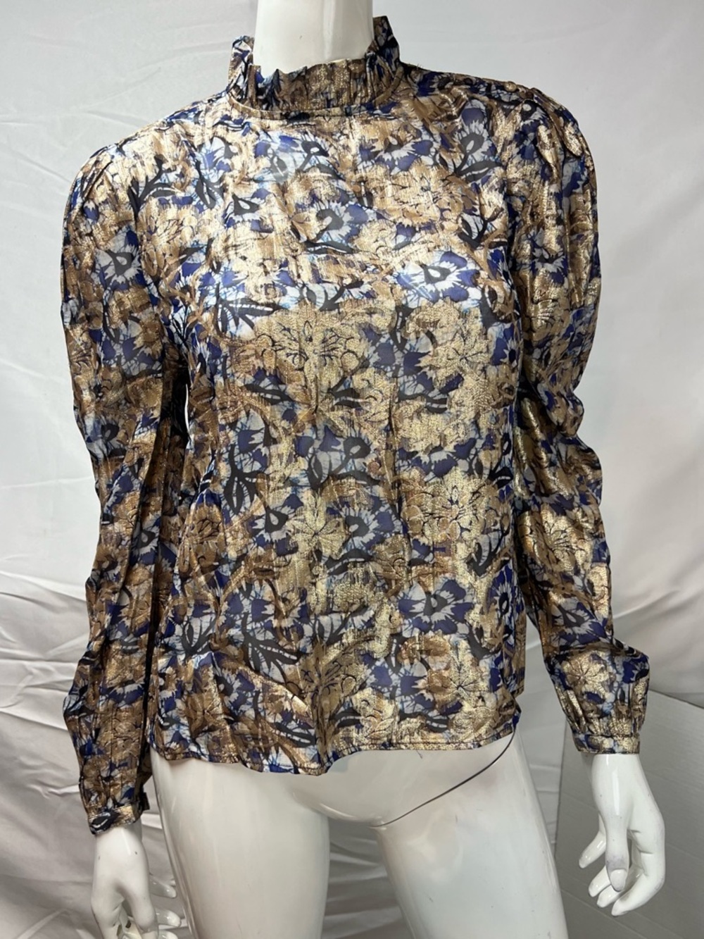 Zero Degrees Celsius Women’s XS Metallic Gold Brocade Floral Navy Blouse Top